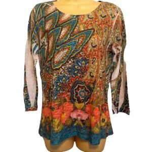 Cactus Multicolor Print Knit Top Blouse Woman Size Medium Stone Bedazzled